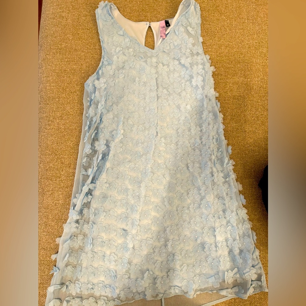 Medium Light Blue Flowered Midi Spring Dress